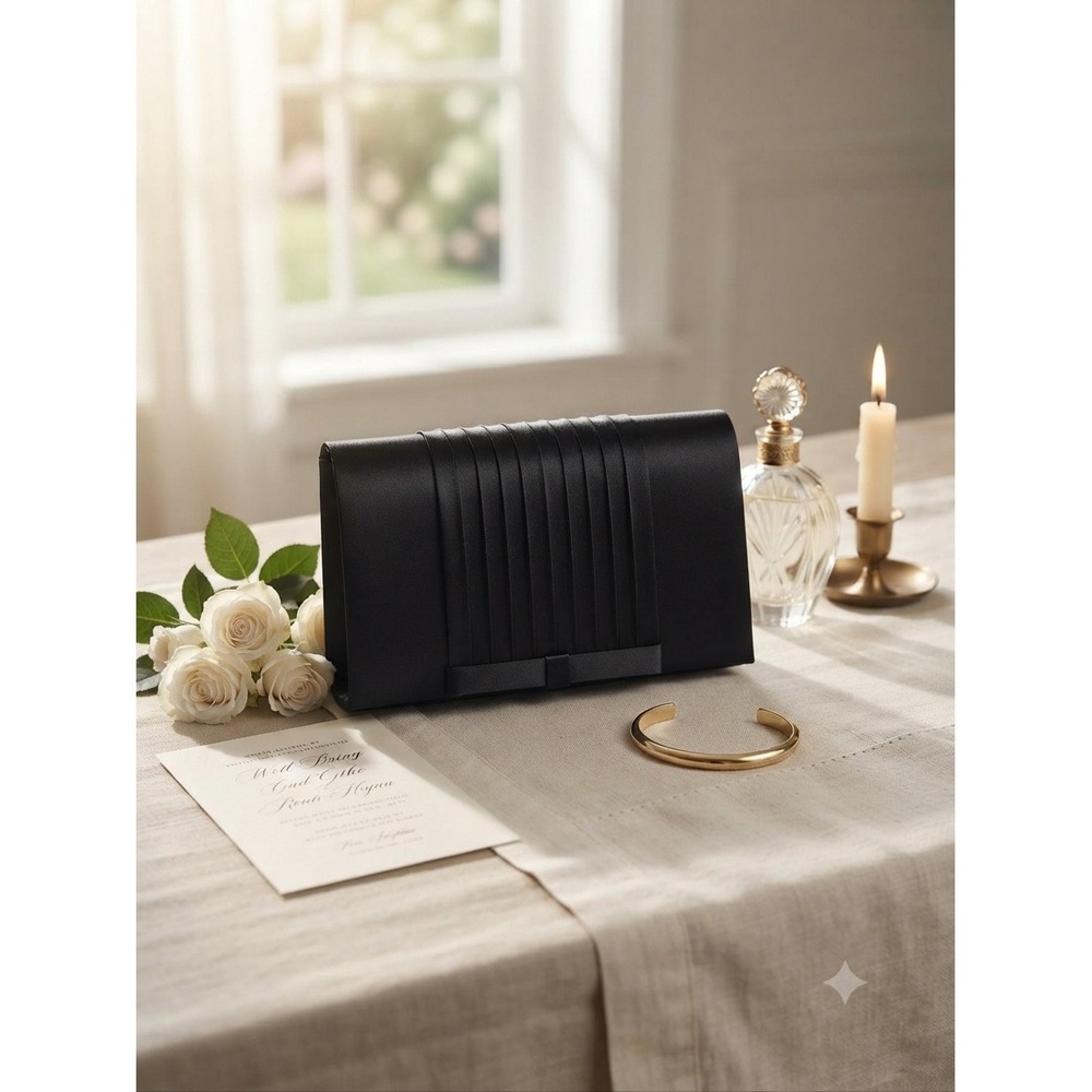 VTG Black Satin Pleated Evening Clutch Bag with Bow Detail and Interior Mirror